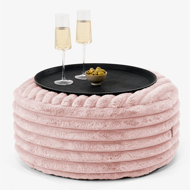 Puf Redondo con Bandeja para Servir - Pana de Felpa Ultra Rosa Empolvado - 01