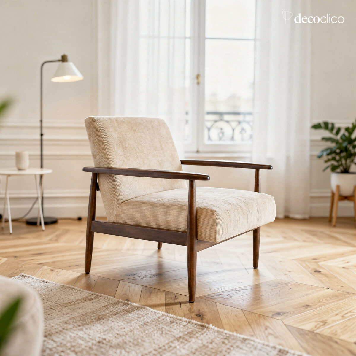 Fauteuil en frêne et velours côtelé beige Octave