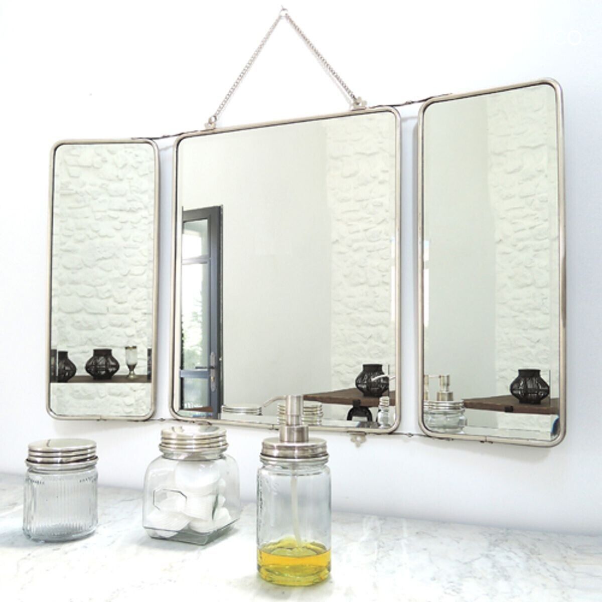 Miroir barbier 3 faces nickel argenté avec chaîne 87 x 55 cm Chaumont